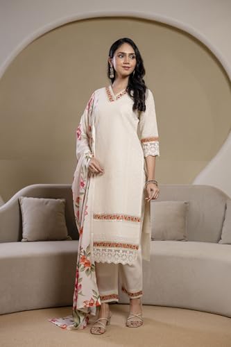 NIVANA Chikankari & Embroidered Kurta with Pant & Floral Printed Dupatta | M | Cream | V-Neck | 3/4 Sleeves