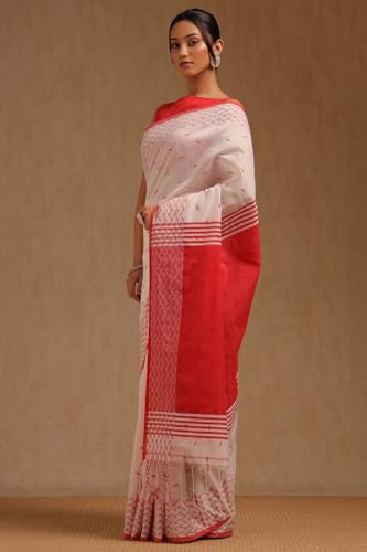 Soch Womens White Cotton Woven Design Saree