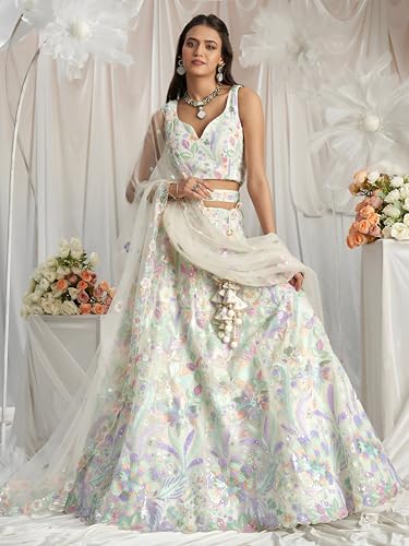 Zeel Clothing Women's Sequins Embroidered Work Soft Net Lehenga Choli With Dupatta (6020-White-Women-Lehenga-Choli-New; Free size)
