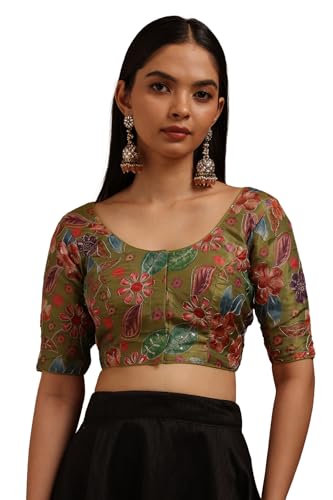 Soch Womens Olive Tissue Floral Print Padded Blouse with Sequins