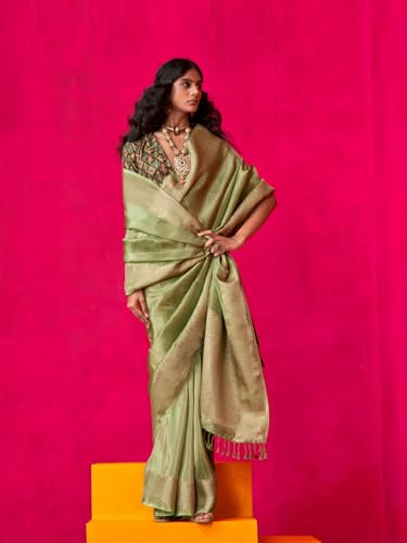 AKHILAM Women's Light Green Tissue Ethnic Motif Woven Design Saree With Unstitched Blouse (KLAILA400006_RJ)