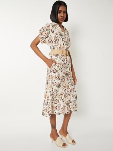 Max Women Printed Midi Dress with Belt (Beige_XXL)