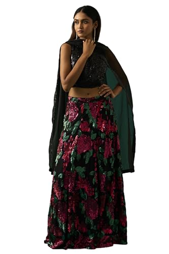 Wishful Women's Black Sequined Embellished Blouse with Skirt and Dupatta Set - (SP11498-401218-M)