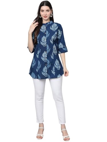 Divena Womens Cotton Floral Print Shirt Style Top (Blue_2XL)