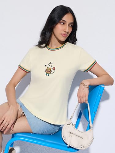 The Souled Store Casual Classics: Foxy Women and Girls Short Sleeves Round Neck Off White Embroidered Cotton Regular Fit Lightweight Everyday Streetwear T-Shirt
