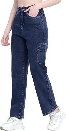Masrat Collection Womens Denim Cargo Style Wide Leg Jeans |Blue, Size 32