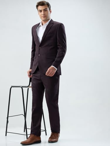 Raymond Men Contemporary Fit Checks Pattern Polyester Blend Notch Lapel Full Sleeve Formal Suit Maroon