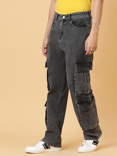 KOTTY Men's Solid Mid Rise Straight Fit Stylish Looking Cargo Jeans(Grey,30)