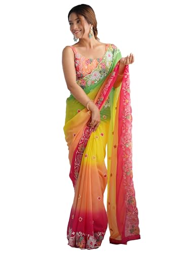 AKHILAM Women's Yellow Georgette Embroidered Saree With Unstitched Blouse (KESARI10703_KR)