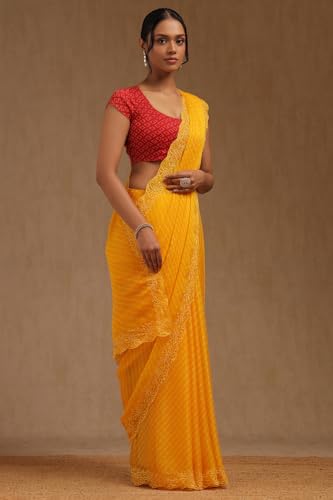 Soch Womens Yellow Georgette Leheriya Print Saree With Thread Work