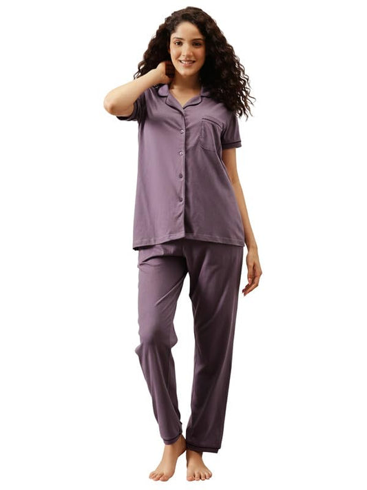Clovia Women's Cotton Button-Down Shirt & Pyjama Set (LS0795P15_Purple_M)