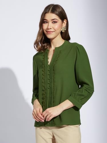 Latin Quarters Women Greenolive V-Neck 3/4th Sleeve Solid Tunic Blouse_M