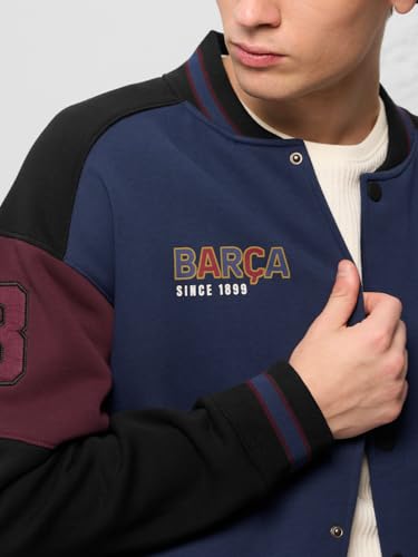 The Souled Store FC Barcelona: Barca Men and Boys Long Sleeves Band Collared Button Front Blue and Maroon Printed Oversized Varsity Jackets