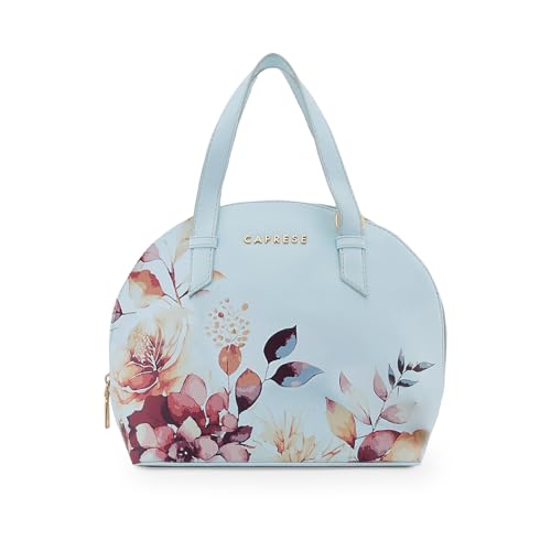 Caprese Alaya Small Satchel Bag for Women | Floral Print Faux Leather Shoulder Bag with Adjustable & Detachable Strap | Versatile Crossbody & Handheld Bag for Work, Travel, and Everyday Use (Blue)