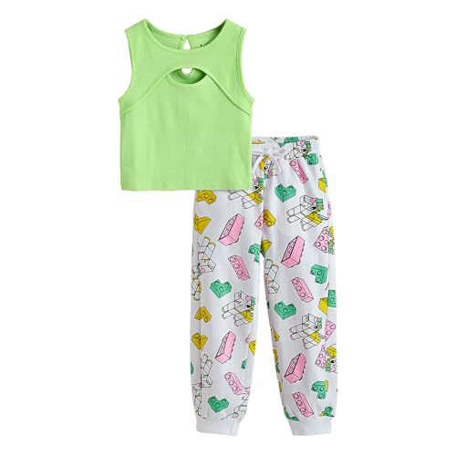 Hopscotch Girls Sleeveless Green Graphic Print Jogger Set For Ages (9-10 Years)