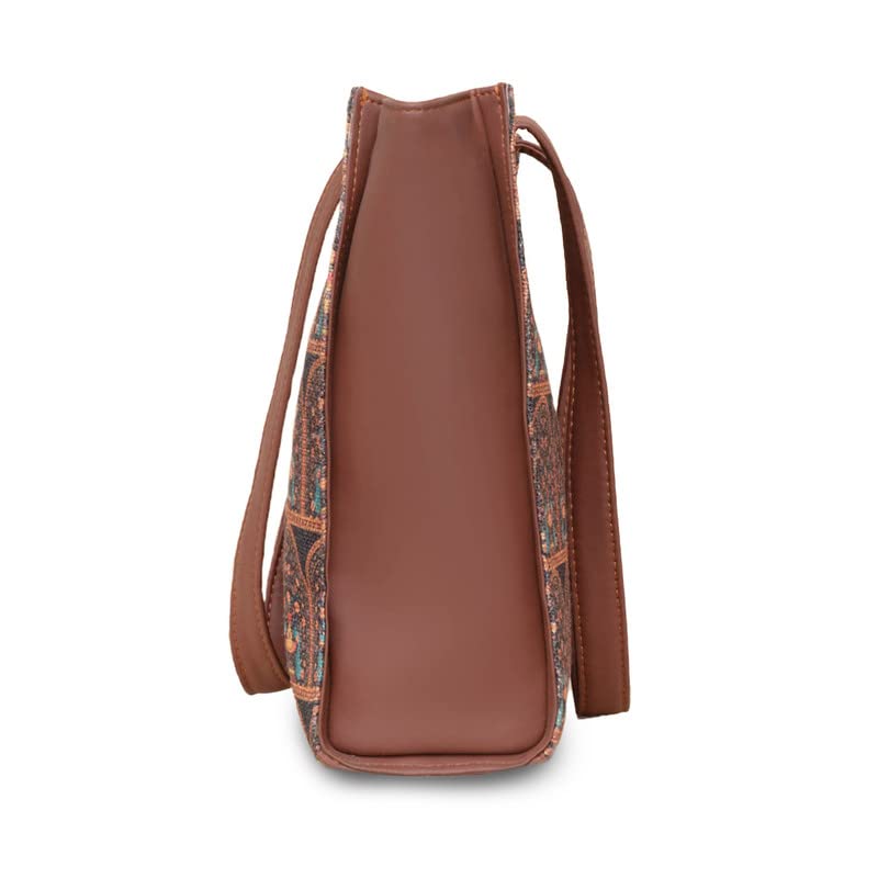 ZOUK Royal Indian Peacock Motif Printed Jute Handcrafted Vegan Leather Women's Multicolor Structured Tote Bag