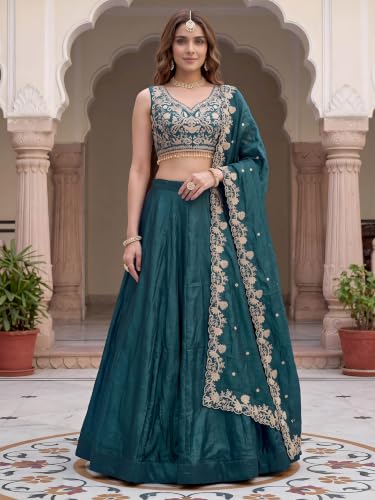 Zeel Clothing Women's Zari Sequins Embroidered Work Crush Silk Lehenga Choli With Dupatta (5136-Dove-Blue-Women-Lehenga-Choli; Free size)
