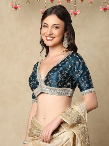 SALWAR STUDIO Blue V Neck Embroidered Readymade Saree Blouse