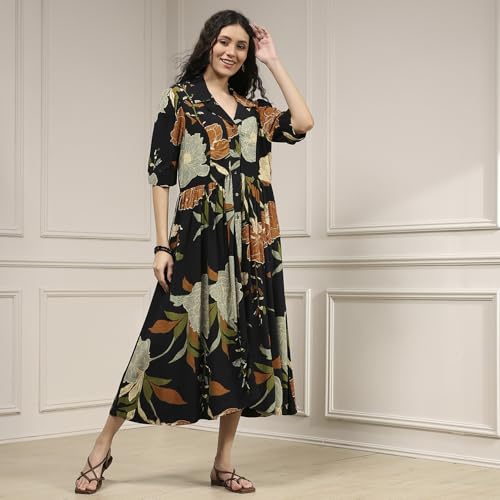 Biba Women Black Viscose Rayon Straight Printed Dress_40