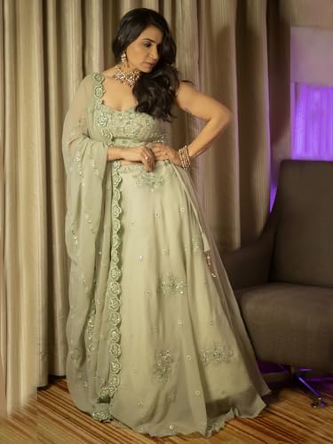Zeel Clothing Women's Georgette Dori And Sequins Embroidered Work Semi Stitched Georgette Lehenga Choli With Dupatta (7060-Pista-Wedding-Stylish-Lehenga-Choli; Free Size), Green