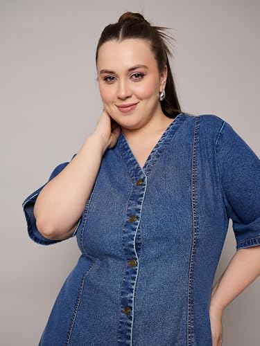 SASSAFRAS Curve Navy Denim V Neck Midi Dress