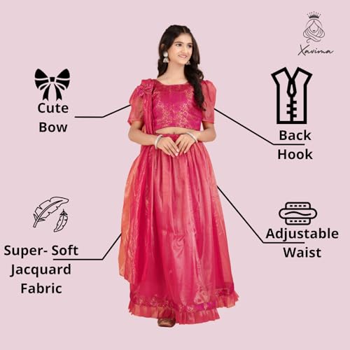 Xavima Simaran Gajari Girls Jacquard Readymade Lehenga Choli Set With Dupatta Outfit Skirt Blouse Dress For Kids Program Appearance Show School Gathering Function Stage Event_7-8 Years