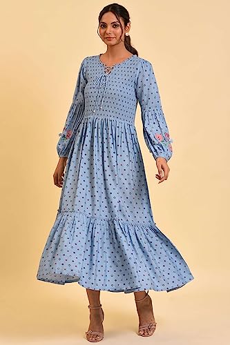 W for Woman Women's Rayon Light Blue Printed Tiered Long Dress Ankle Length 23FEW18840-810336