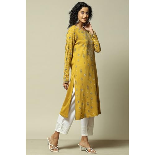 Rangriti Women's Acrylic Printed Regular Kurtas (WNTRWR18869AW23YEL_Yellow