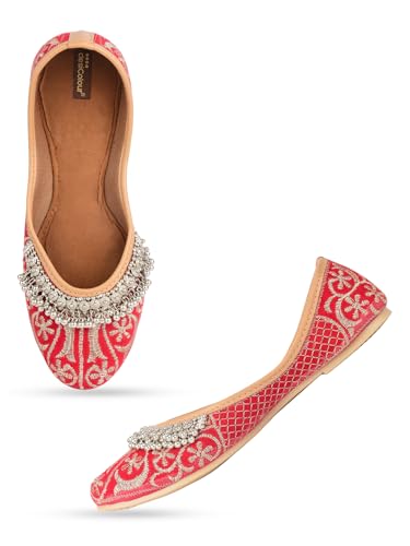 DESI COLOUR Flat Footwear/Mojari/Punjabi Jutti/Bellies for Women - Red Embroidered Gungroo (8)
