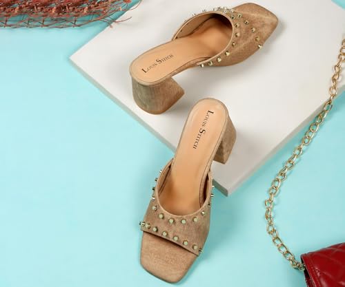 LOUIS STITCH Women’s Fashion Slip-On Block Heel Sandals | Open Toe Beige Stylish Mules Heel Sandal for Ladies, Fashionable and Comfortable Sandal (LSOF-LDBH-MUBD) (UK-3)