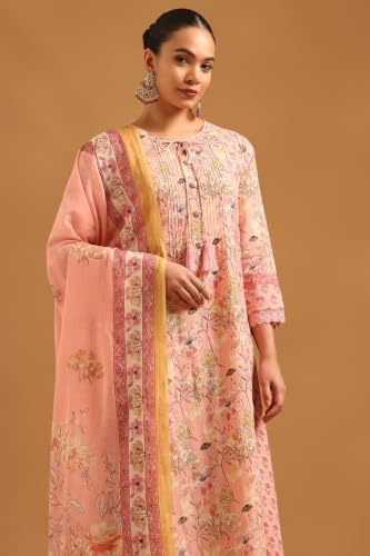 Soch Womens Pink Cotton Floral Printed Salwar Suit With Lace