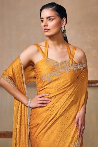 Soch Womens Mustard Fendy Georgette Woven Design Saree With Stone Work
