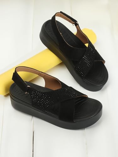 ELLE Women's Fashionable Adjustable Strap Comfartable Sandals Colour-Black, Size-UK 4