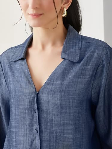Latin Quarters Women Blue Solid Full Sleeves Casual Shirt_XL