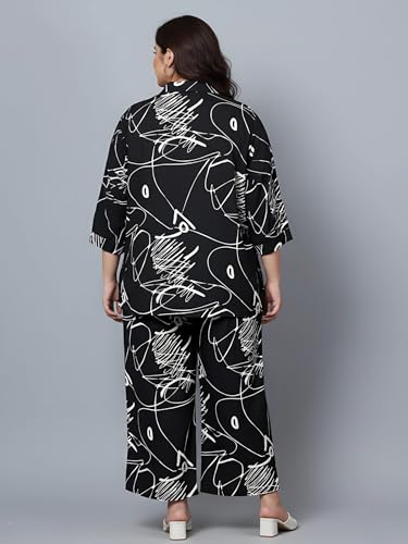 Indietoga Women Black Scribble Print Rayon Shirt and Pyjamas Nightsuit (PS50001643_Black Printed_6XL)