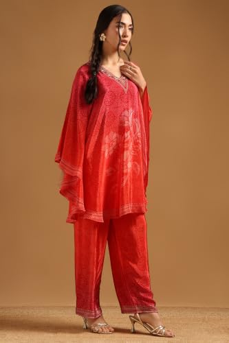 Soch Womens Red Crepe Botanical Printed Kaftan Suit With Sequins
