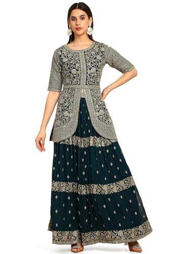 Soch Womens Teal Green Georgette Embroidered Lehenga Choli With Mirror Work