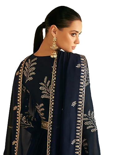 Miss Ethnik Blue Faux Georgette Full Sleeve Anarkali Gown with Dupatta | Embroidered Indian Dress for Weddings & Festivals | Elegant and Stylish Traditional Ethnic Attire (ME-1124-Blue-L)