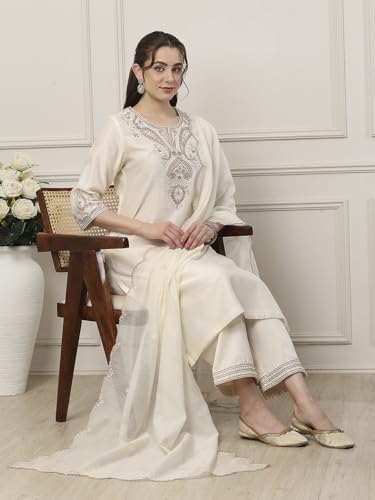 BIBA Women White Silk Chanderi Straight Suit Set_42