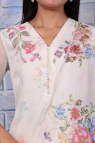 W for Woman White Floral Printed Beads Organza Straight Kurta, Straight Pant and Dupatta Set (Size: L)-WS12975-122012