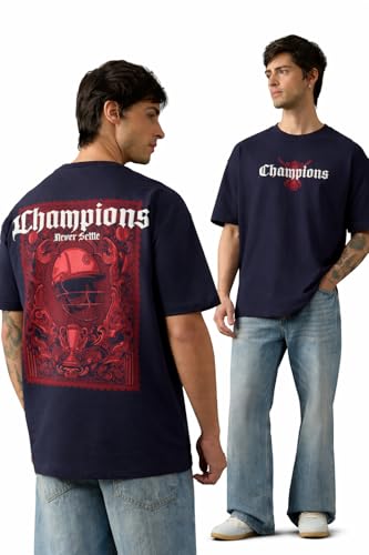 The Souled Store Champions Men and Boys Short Sleeves Round Neck Navy Blue Graphic Printed Cricket Graphic Casual Lightweight Drop Shoulder Streetwear Trendy Oversized T-Shirt