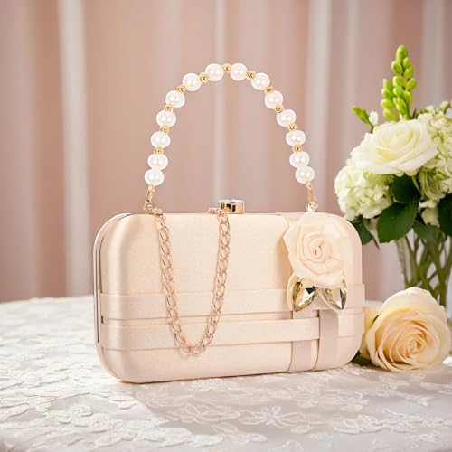 ADISA Studded flower formal party clutch with pearl handle and gold chain for women and girls (CL111-GOL)