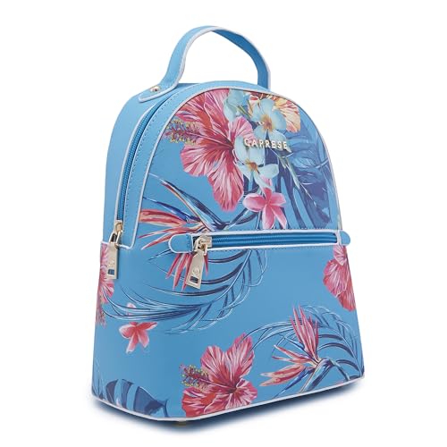 Caprese Renee Casual Backpack, Medium | Stylish Floral Priny Backpack for Women with Adjustable Shoulder Strap & Secure Zip Closure | for Everyday Outings and Travel | The Kiara Collection (Blue)