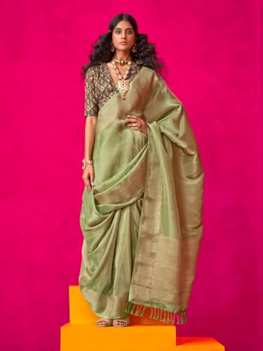 AKHILAM Women's Light Green Tissue Ethnic Motif Woven Design Saree With Unstitched Blouse (KLAILA400006_RJ)
