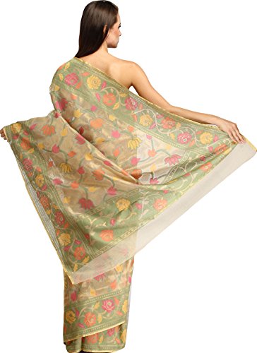 Exotic India Net Saree with Blouse Piece (SDI60-golden_Multicoloured_Free Size)
