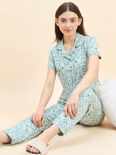 Sweet Dreams Women's Cotton Blend Geometric Pajama Set Pack of 2 (2114AXCO Green S)