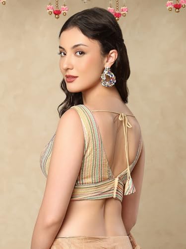 S SALWAR STUDIO Gold Embroidered V-Neck Readymade Sleeveless Saree Blouse