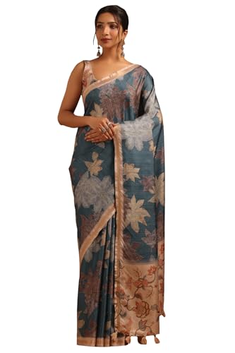 Soch Womens Blue Tussar Botanical Saree