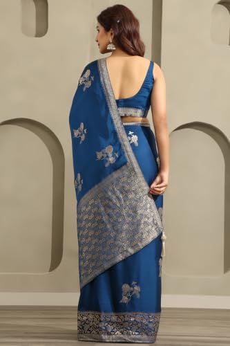 Soch Womens Navy Blue Satin Botanical Zari Woven Saree