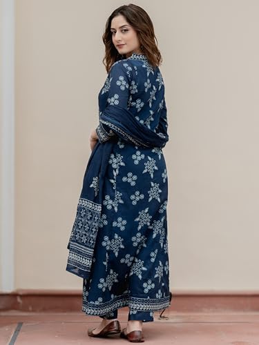 Arayna Women’s Pure Cotton Handblock Ethnic Printed Kurta Set with Pants & Dupatta - Indigo Blue, Small